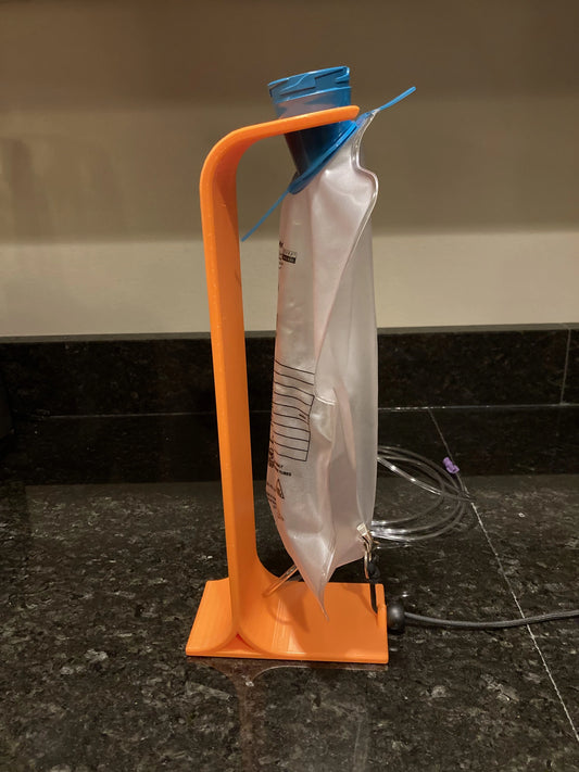 Side view of a Tubie Tech Feeding Bag Filling Stand for 1200 ml bags holding a 1200 ml Moog Infinity enteral feeding bag