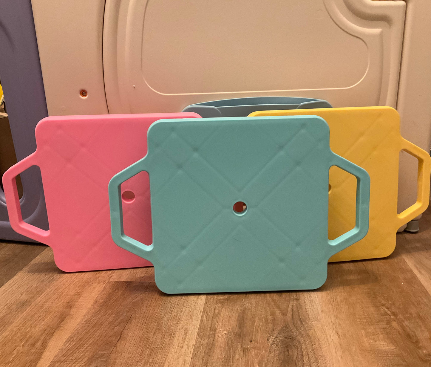 3 pastel tubie cart colors, pink, blue and yellow