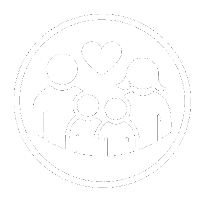 Icon of a family with 2 parents, 2 kids. There is ha heart between the family members.