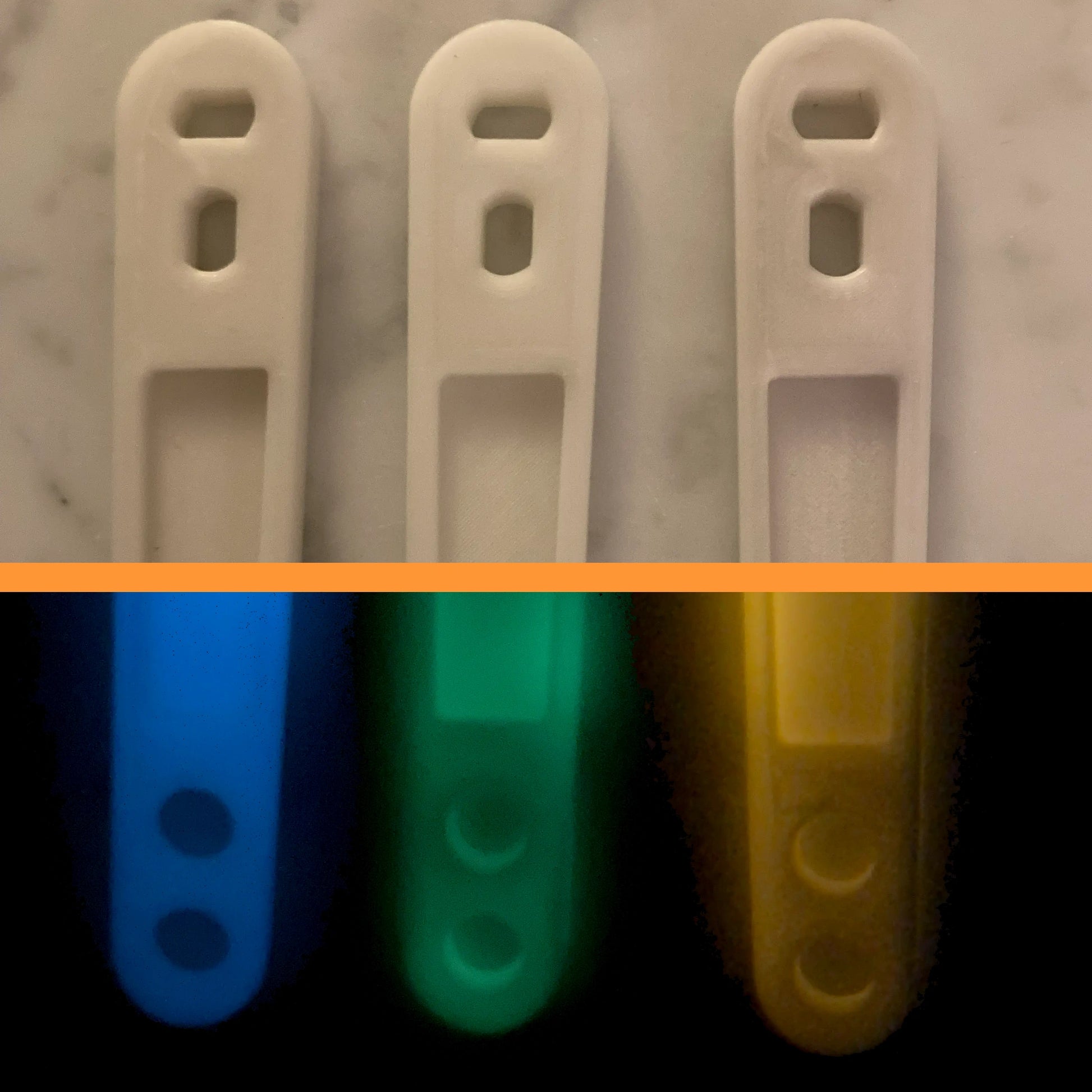 Blue, Green and Orange glow in the dark oxygen wrenches in both the light and dark